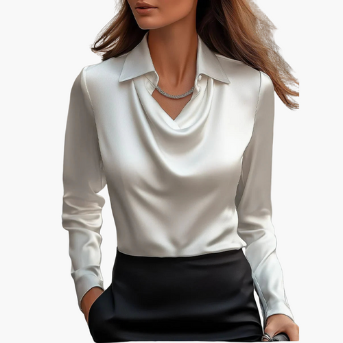 Threadanova | Elegant White Satin Blouse With Draped Neckline
